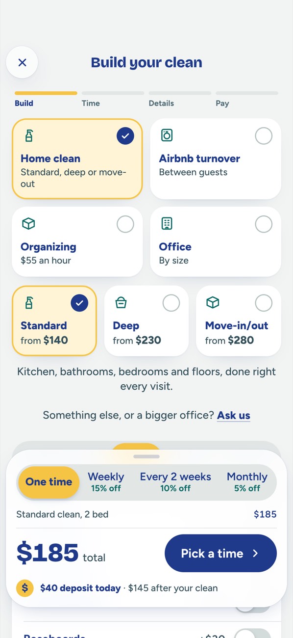 The Bay Area Shine app's booking screen
