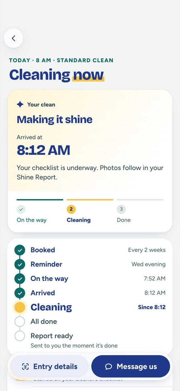 The Bay Area Shine app showing a clean in progress