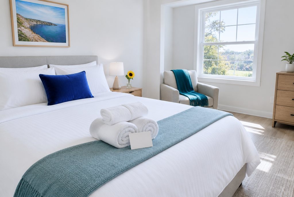 Guest-ready rental bedroom with rolled towels on the bed