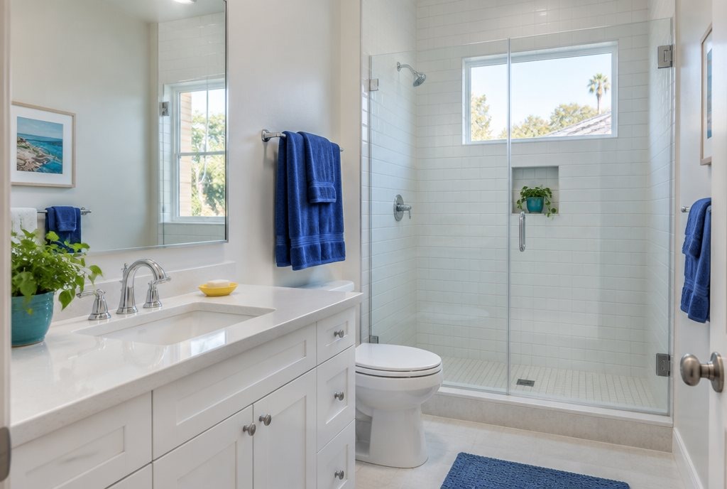 Clean bathroom with a glass shower and blue towels