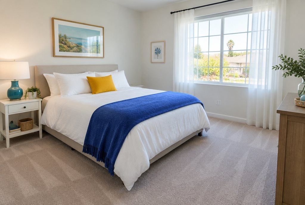 Made bed with a royal blue throw and a yellow pillow