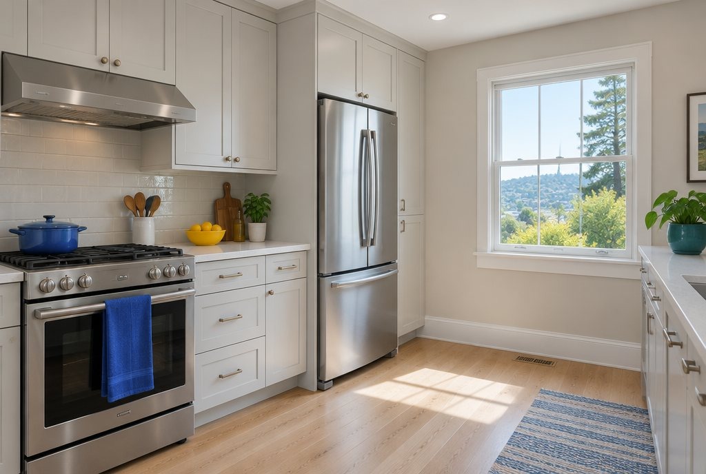 Kitchen with oven, fridge, cabinets and a window