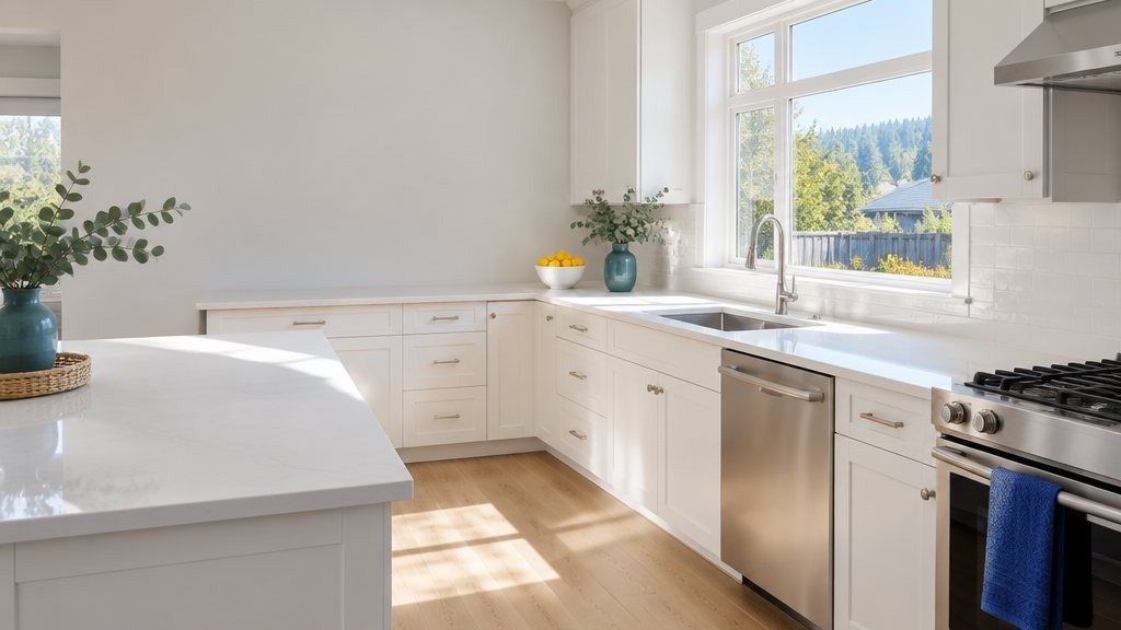 A bright, spotless kitchen with a royal blue towel on the oven