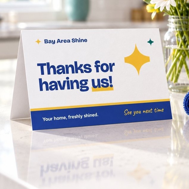 A Bay Area Shine thank-you card on a clean kitchen counter next to fresh daisies